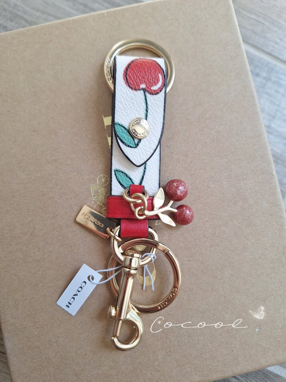 NWT Coach Trigger Snap Bag Charm With Cherry Print Key Fob Chalk Multi CF005